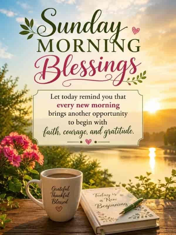 Sunday Morning Blessings quote with a peaceful sunrise, flowers, coffee mug, and journal, featuring a message about beginning each new morning with faith, courage, and gratitude.