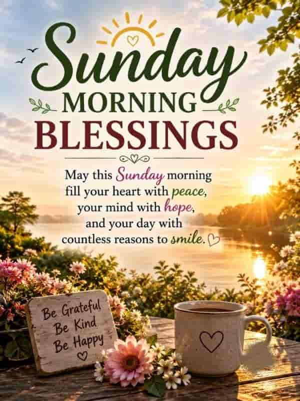 Sunday Morning Blessings Quotes with a peaceful sunrise over a lake and a heartfelt message wishing peace, hope, and countless reasons to smile.