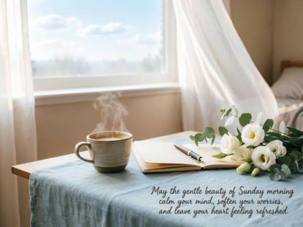 Sunday morning blessings scene with coffee cup, notebook, white flowers and soft sunlight by window