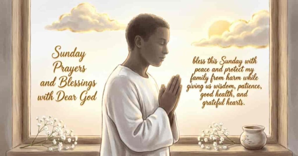 Sunday prayer and blessings image featuring a person praying by a window, with a message asking God for peace, family protection, wisdom, good health, and grateful hearts.