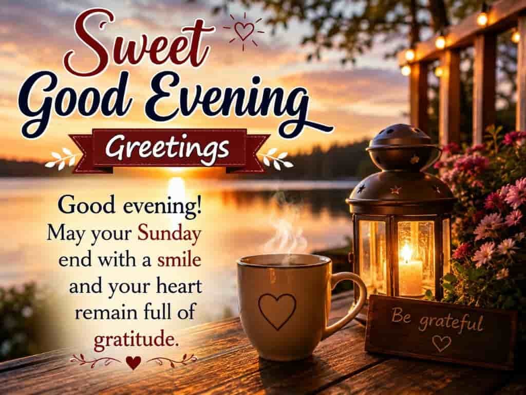 **Alt text:** Sweet Sunday good evening greetings with a peaceful sunset by the lake, glowing lantern, warm coffee mug, flowers, and a message of gratitude.