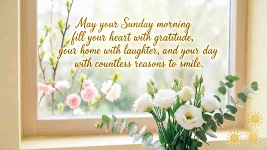 Good morning Sunday blessings quote with flowers on window and soft natural light background