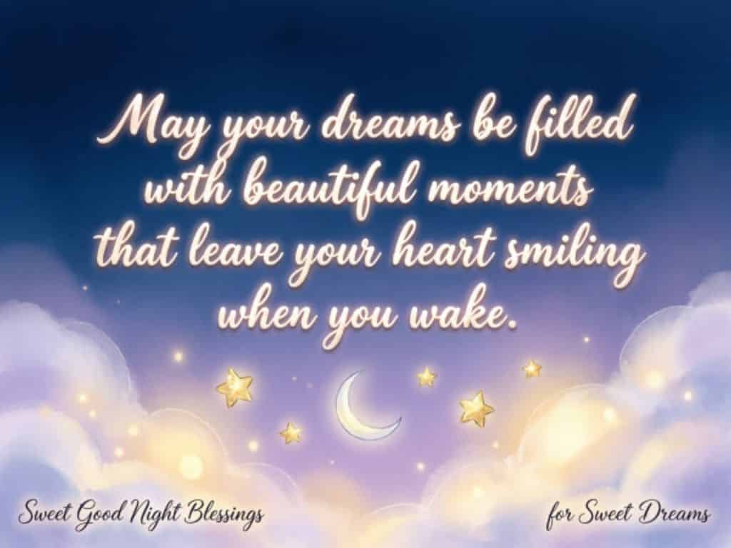 Sweet good night blessings with a crescent moon, glowing stars, soft clouds, and a peaceful message for sweet dreams