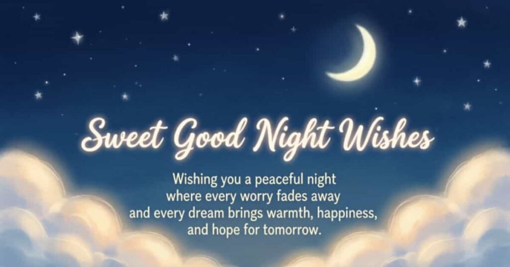 Sweet good night wishes with a glowing crescent moon, stars, and soft clouds, featuring a message wishing a peaceful night, happy dreams, and hope for tomorrow.