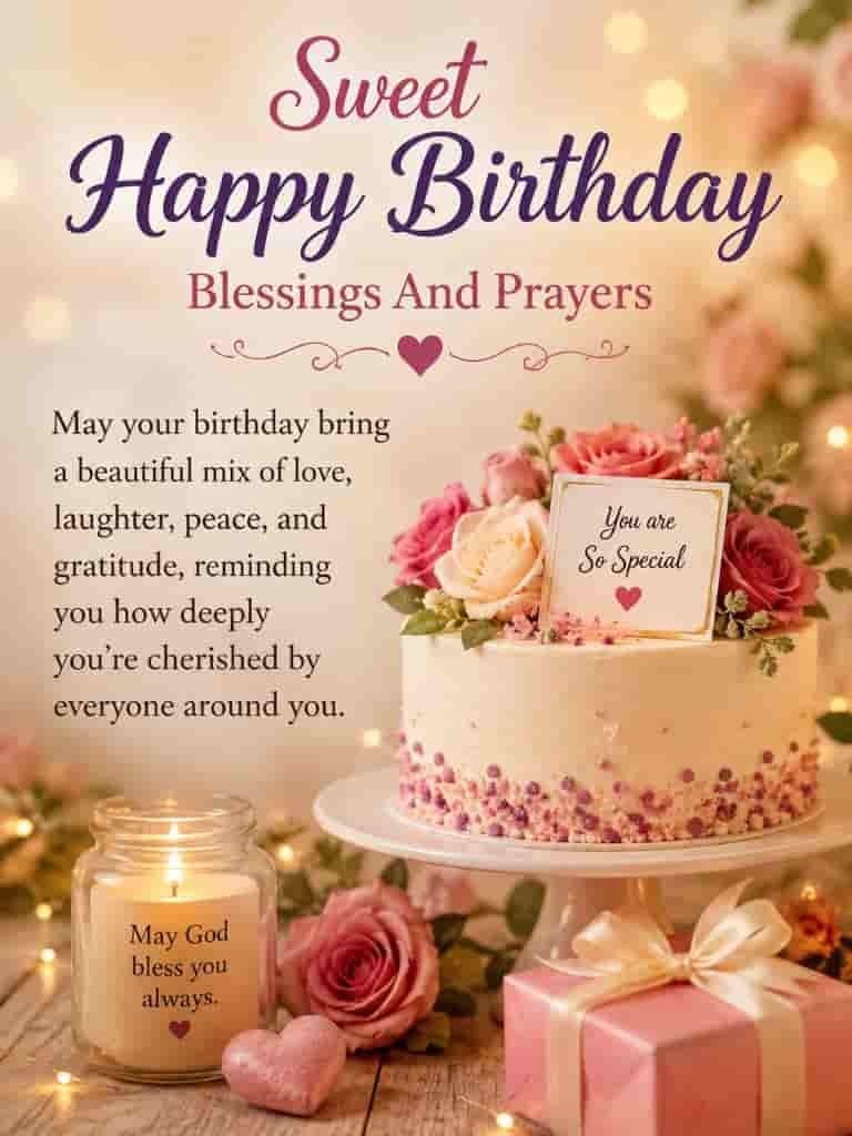 Sweet Happy Birthday blessings and prayers with a birthday cake, pink roses, gift box, candle, and a heartfelt message wishing love, laughter, peace, gratitude, and cherished moments.