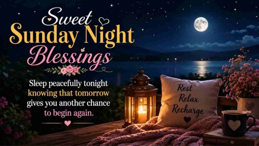 Sweet Sunday night blessings greeting card with peaceful good night quote, moonlit lake view, lantern, and cozy setup