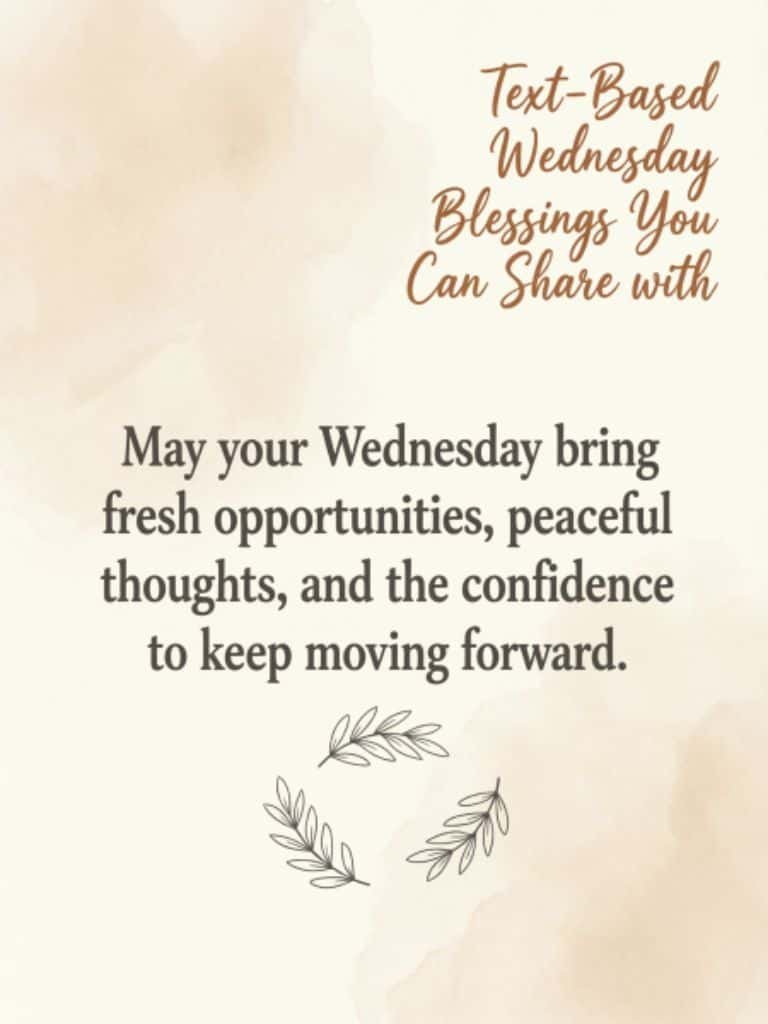 Text-based Wednesday blessings message wishing fresh opportunities, peaceful thoughts, and confidence to keep moving forward.