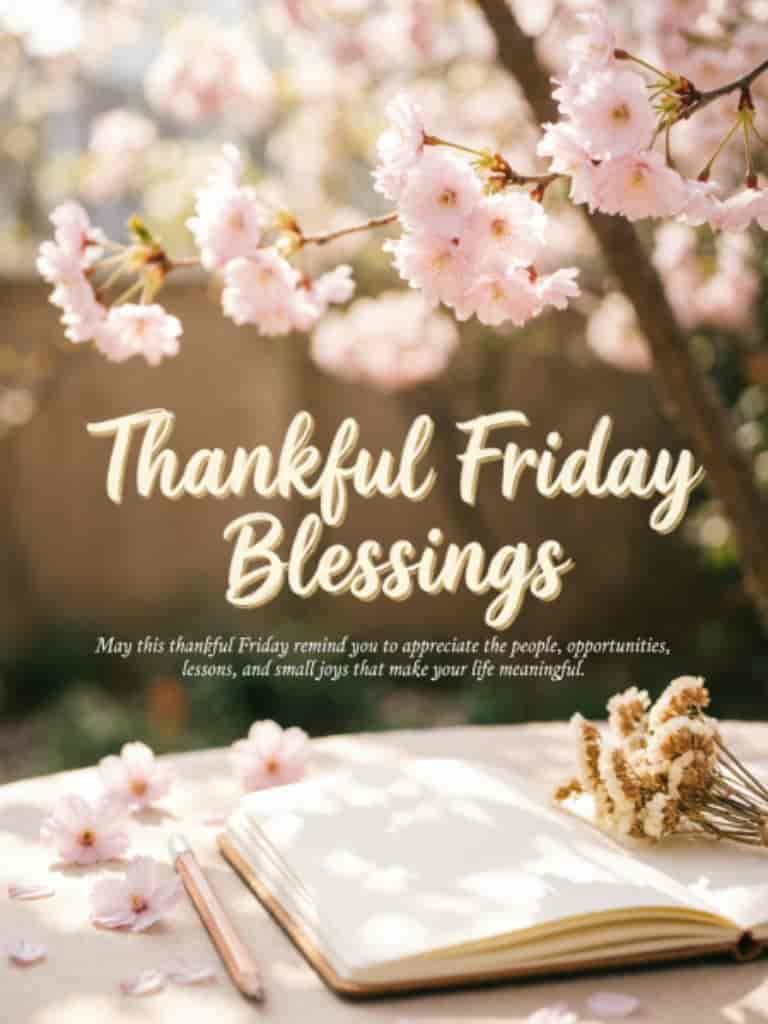 Thankful Friday blessings image with soft pink cherry blossoms, an open journal, and a heartfelt message encouraging gratitude for people, opportunities, lessons, and small joys.