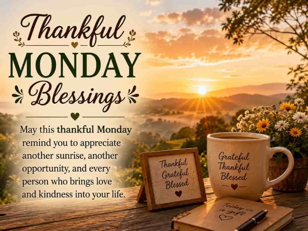 Thankful Monday blessings quote with coffee cup, small frame, and scenic sunrise