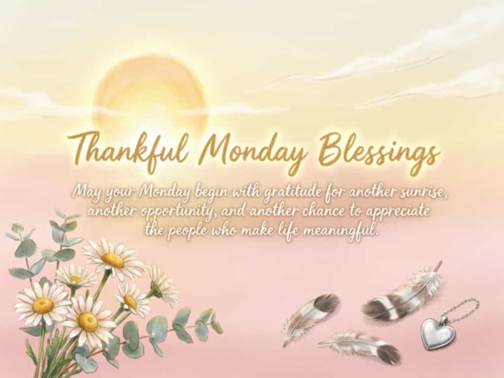 Thankful Monday Blessings quote with sunrise and daisy flowers