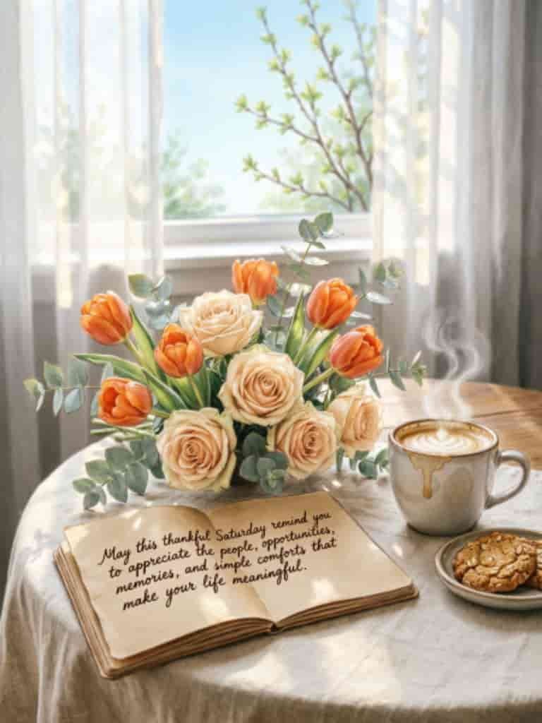 Thankful Saturday blessing with a bouquet of orange tulips and cream roses, a cup of coffee, and an open book with an inspirational message by a sunny window.