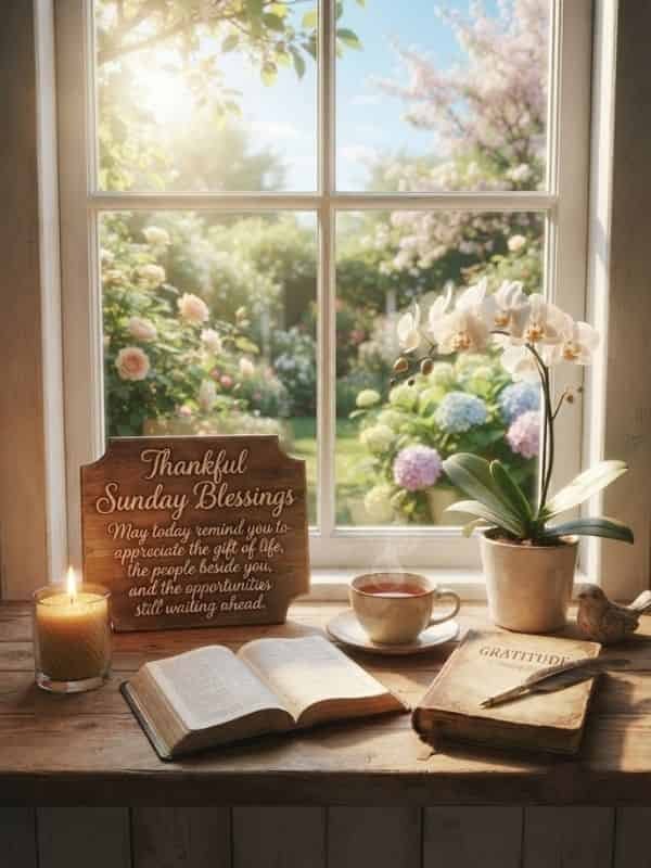 A peaceful indoor scene on a wooden windowsill featuring a carved wooden sign that reads "Thankful Sunday Blessings. May today remind you to appreciate the gift of life, the people beside you, and the opportunities still waiting ahead." Next to the sign are a lit pillar candle, an open book, a warm cup of tea, a potted white orchid, a gratitude journal with a feather quill, and a small decorative bird figurine. A bright window opens to a sunlit garden with blooming flowers and trees.