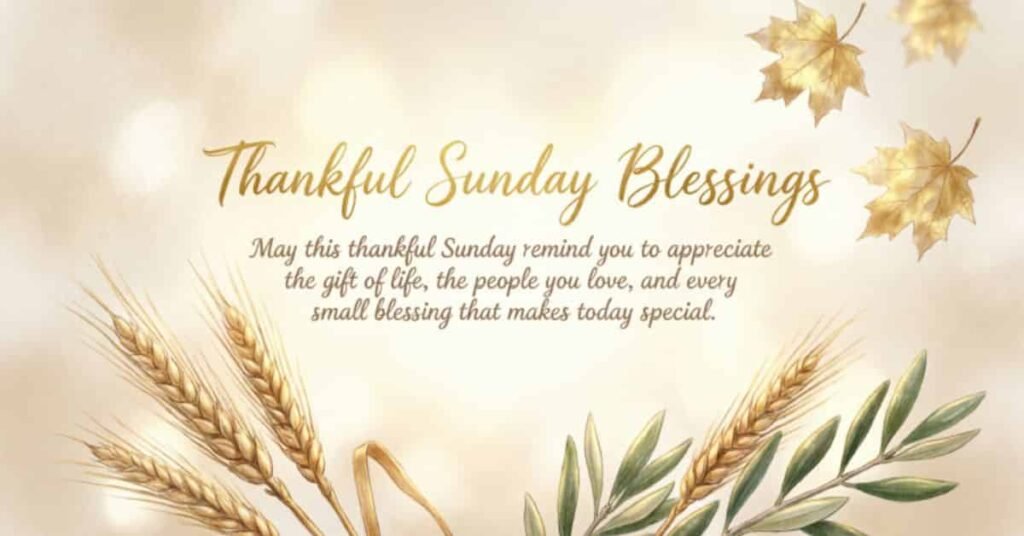 Thankful Sunday blessings image with wheat stalks, olive branches, golden leaves, and a message about appreciating life, loved ones, and everyday blessings.