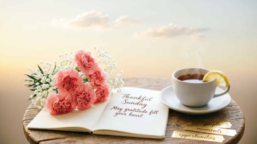 Thankful Sunday blessings open notebook with pink flowers, a cup of tea, and morning sunrise view