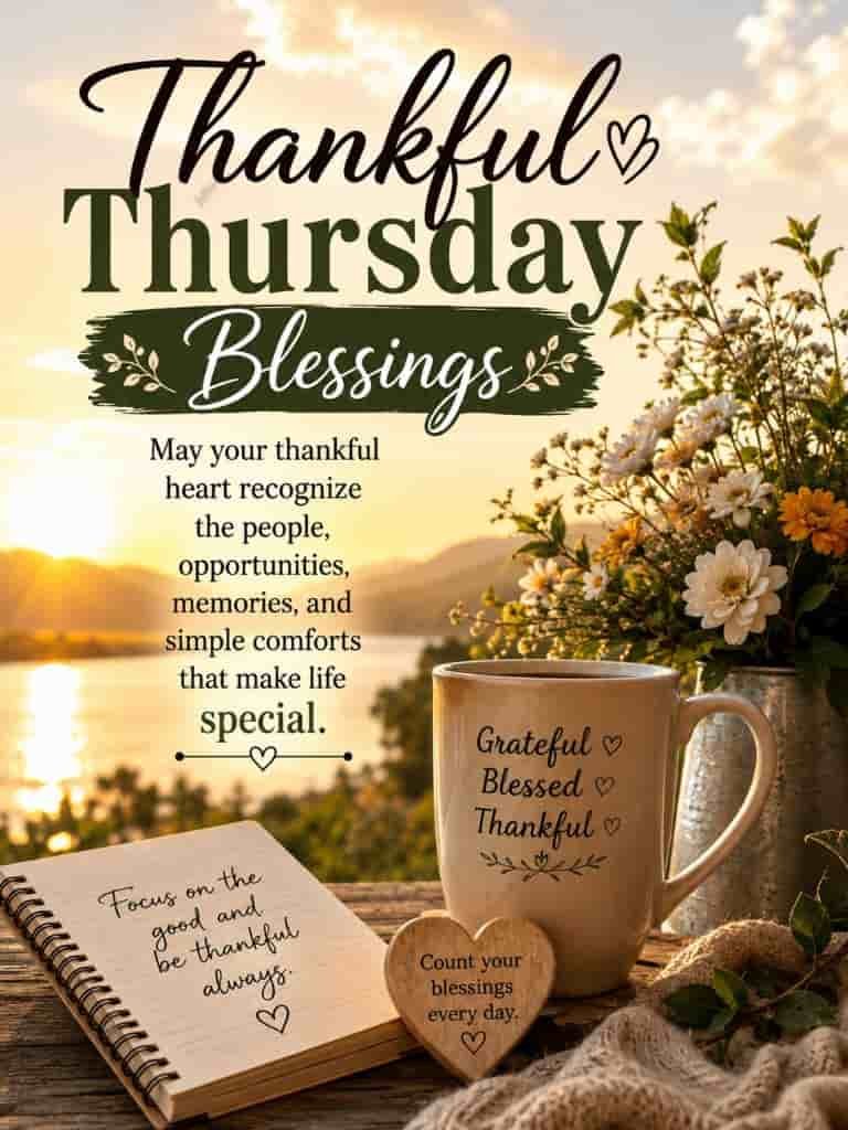 Thankful Thursday blessings image with sunrise lake view, flowers, coffee mug, and gratitude quote about appreciating life’s simple blessings and meaningful moments.