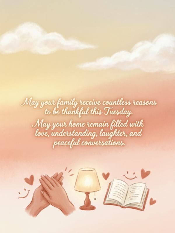 Tuesday family blessings image with cozy aesthetic background, lamp, book, and quote: 'May your family receive countless reasons to be thankful this Tuesday.