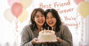 Two best friends smiling and holding a birthday cake with candles, surrounded by balloons and a “Best Friend Forever” birthday message.