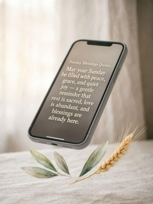 Sunday blessings quote displayed on a smartphone screen with olive leaves and wheat.