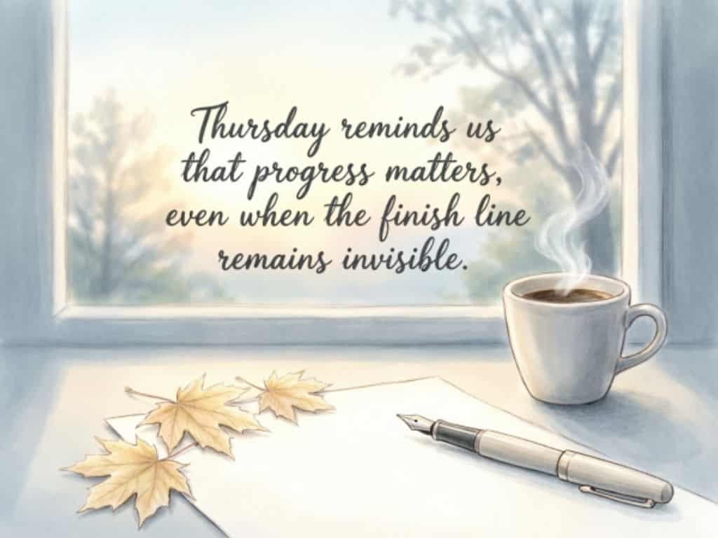 Thoughtful Thursday morning quote about making progress, with a steaming cup of coffee, pen, paper, and autumn leaves beside a peaceful window view.