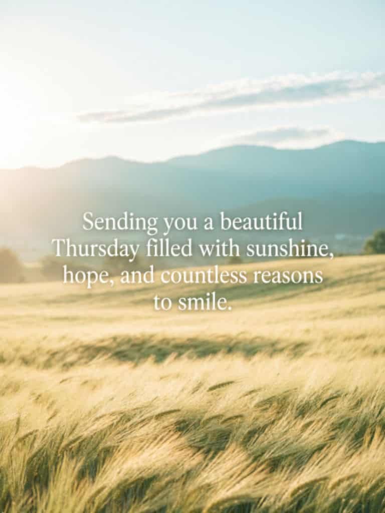 Beautiful Thursday blessings image featuring a sunny golden field, distant mountains, and a message wishing a Thursday filled with sunshine, hope, and countless reasons to smile.