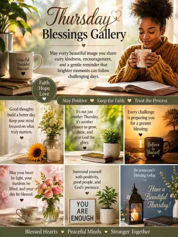 Thursday Blessings Gallery featuring a peaceful morning scene with flowers, candles, tea, inspirational messages, and a woman reflecting with an open Bible, encouraging kindness, hope, faith, and brighter moments after challenging days.