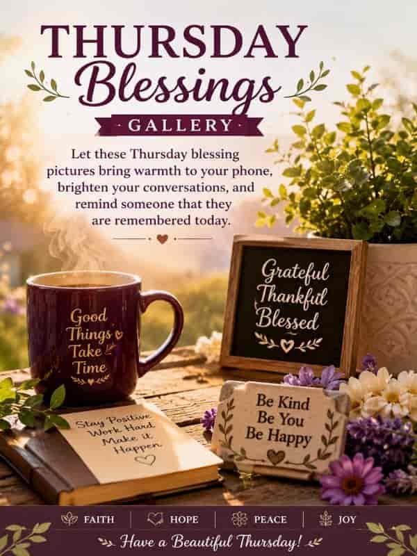 Thursday Blessings Gallery with a warm inspirational message, flowers, gratitude signs, and a cozy mug celebrating faith, hope, peace, and joy.