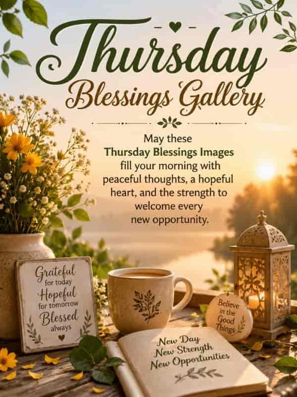 Thursday Blessings Gallery featuring a peaceful sunrise over a calm lake, flowers, a warm coffee cup, lantern, journal, and uplifting Thursday blessings message about peace, hope, strength, and new opportunities.