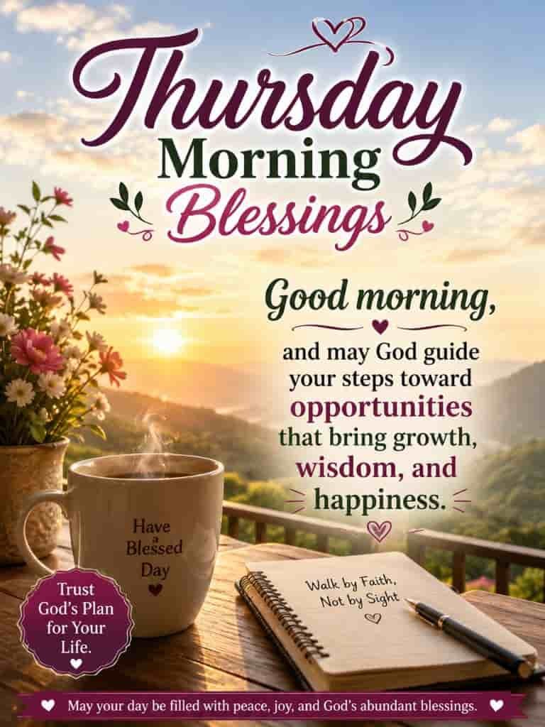 Thursday morning blessings image with sunrise view, flowers, coffee mug, and notebook, featuring a faith-based inspirational quote about God’s guidance, opportunities, wisdom, and happiness.