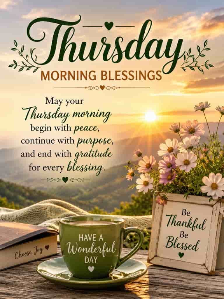 Thursday morning blessings image with sunrise landscape, flowers, and coffee cup, featuring an inspirational quote about peace, purpose, gratitude, and starting the day with positivity.