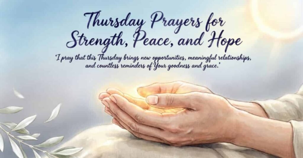 Thursday prayers for strength, peace, and hope featuring gently clasped hands, warm sunlight, and soft white leaves on a peaceful background.