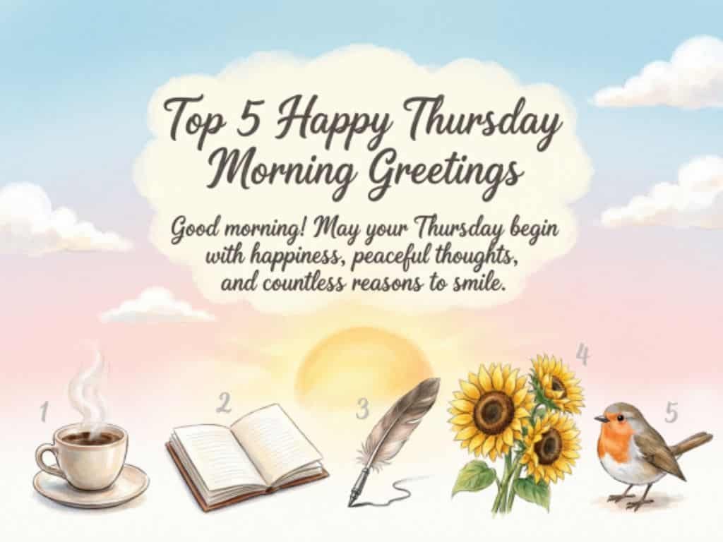 Top 5 happy Thursday morning greetings with a sunrise, steaming coffee, open book, feather quill, sunflowers, and a cheerful robin.