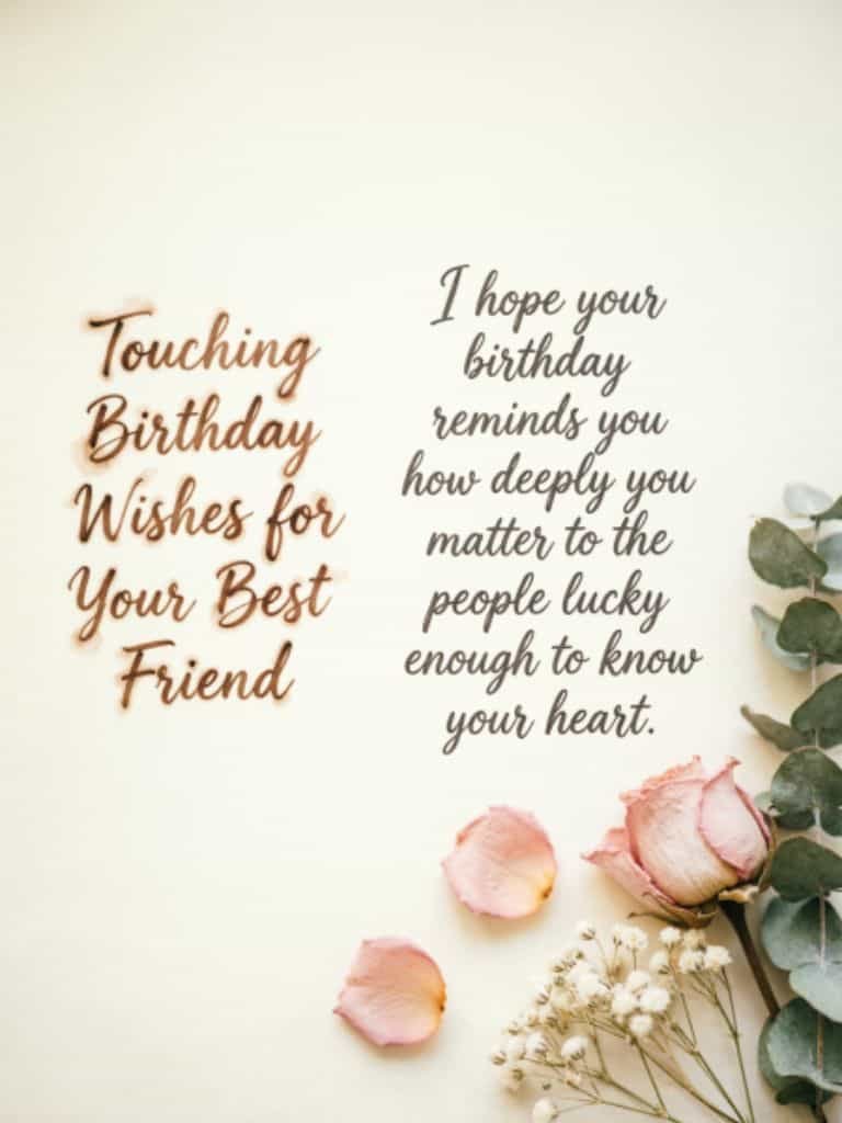 Touching birthday wishes for a best friend with a heartfelt message, decorated with soft pink roses, petals, eucalyptus leaves, and delicate white flowers.