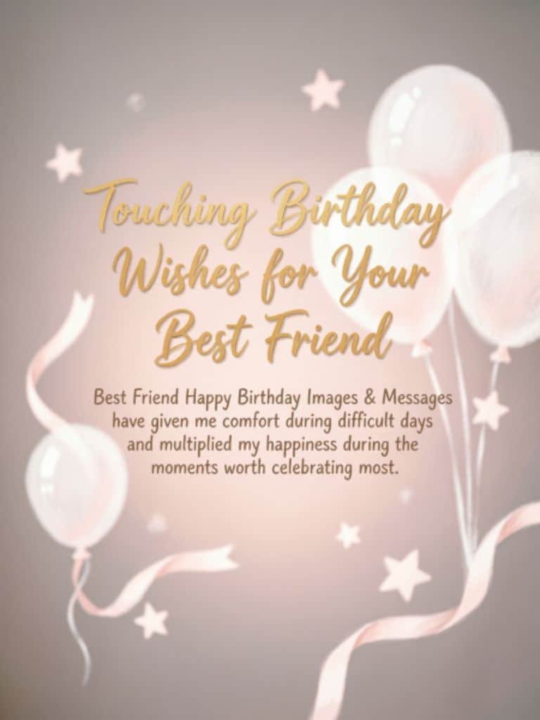 Touching birthday wishes for a best friend displayed over a soft pink background with balloons, stars, and ribbons, celebrating comfort, happiness, and cherished moments.