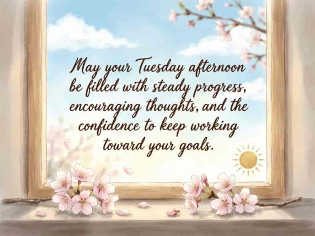Tuesday afternoon blessings quote with pink flowers by a sunny window, wishing steady progress, encouraging thoughts, and confidence to achieve your goals.