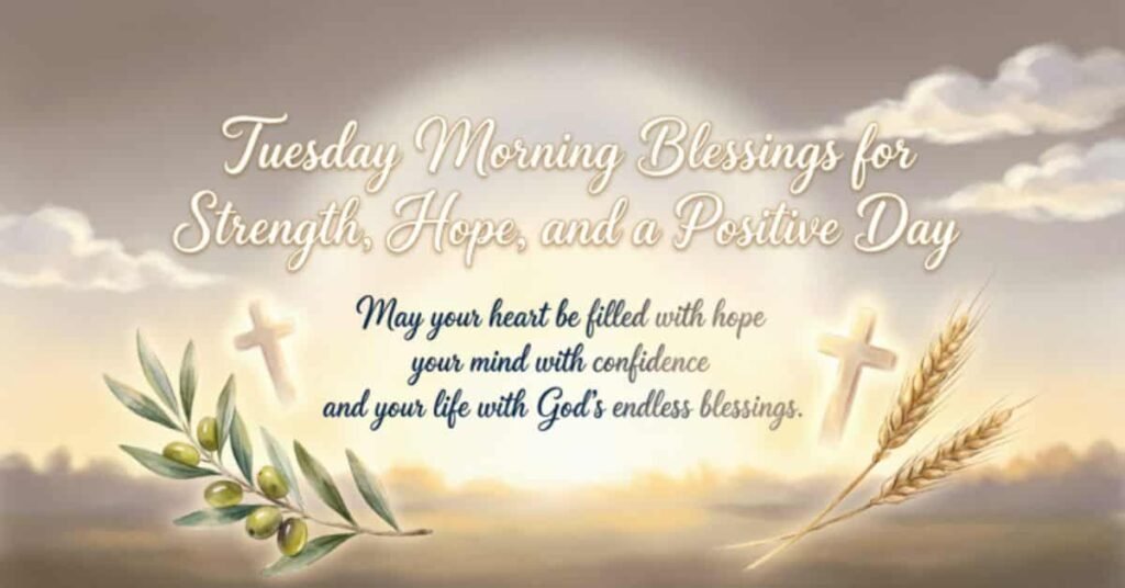 Tuesday morning blessings for strength, hope, and a positive day, featuring glowing crosses, olive branches, wheat, and a peaceful sunrise.