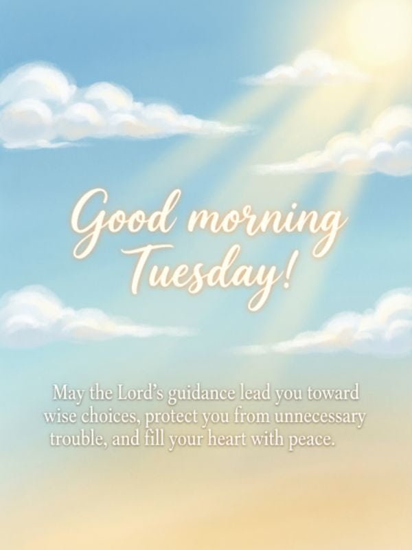 Good morning Tuesday prayer image with sunny blue sky background and quote: 'May the Lord's guidance lead you toward wise choices