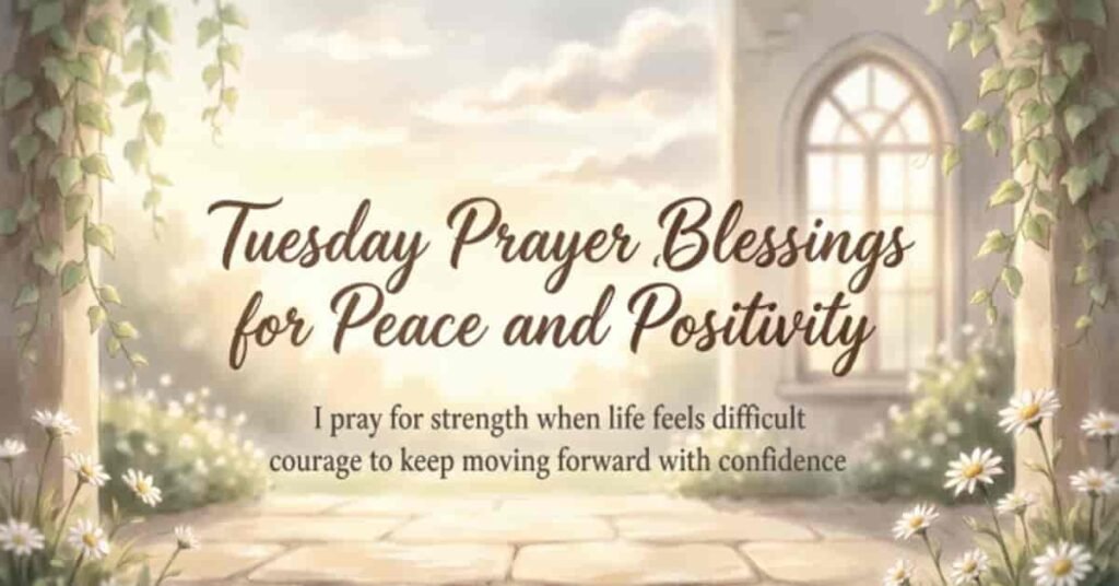Tuesday prayer blessings image featuring a peaceful garden with daisies, ivy-covered arches, and a sunlit window, accompanied by an inspirational prayer for peace, strength, courage, and positivity.