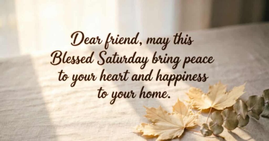 Blessed Saturday message for friends with autumn leaves on a soft sunlit background and the quote: 'Dear friend, may this Blessed Saturday bring peace to your heart and happiness to your home.