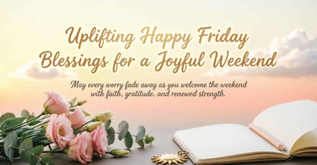 Uplifting Happy Friday blessings image with pink roses, an open notebook, and a peaceful sunset background, featuring a joyful weekend message of faith, gratitude, and renewed strength.
