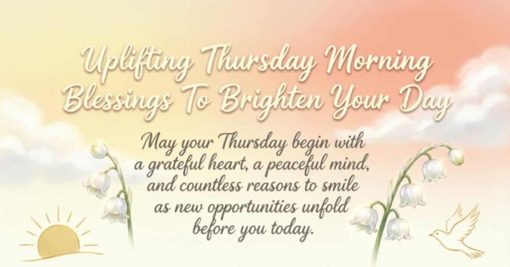 Uplifting Thursday morning blessings quote with a peaceful sunrise, white bell flowers, and a flying dove on a soft pastel background.