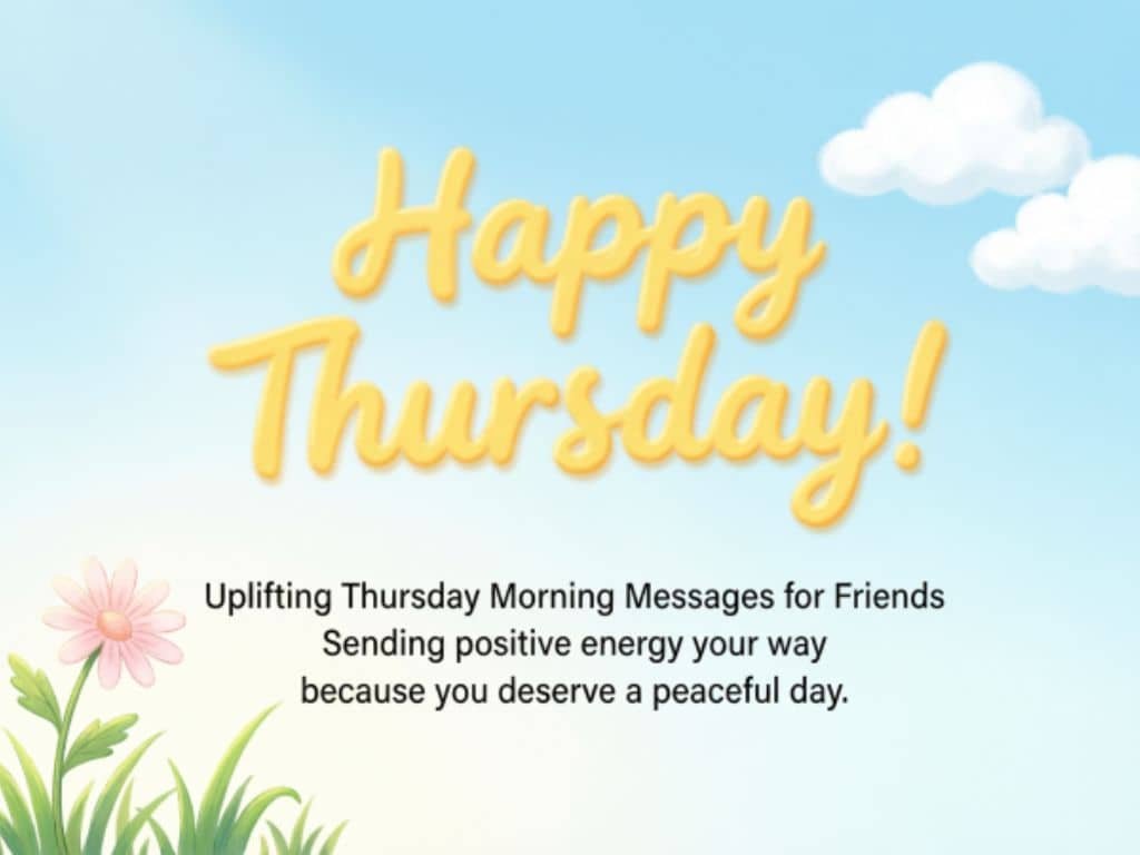 Uplifting Thursday morning message for friends with a cheerful “Happy Thursday” greeting, pastel sky, clouds, and a pink flower, wishing a peaceful and positive day.