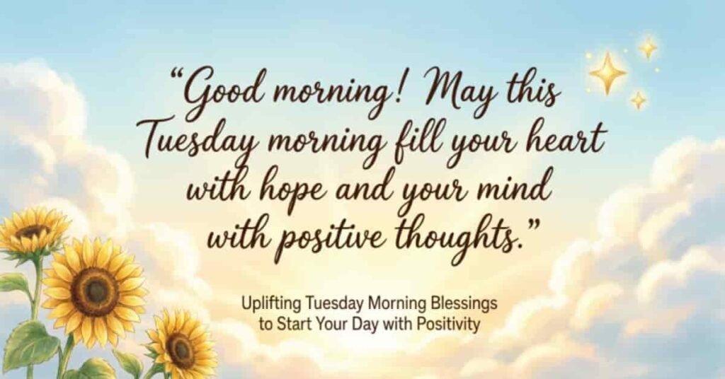 Inspirational Tuesday morning blessings image featuring sunflowers, a bright blue sky with clouds, sparkling stars, and a positive quote encouraging hope, positivity, and a joyful start to the day.