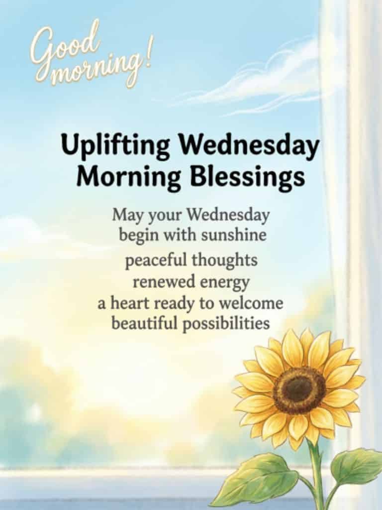 Uplifting Wednesday Morning Blessings image with a bright sunflower near a window.