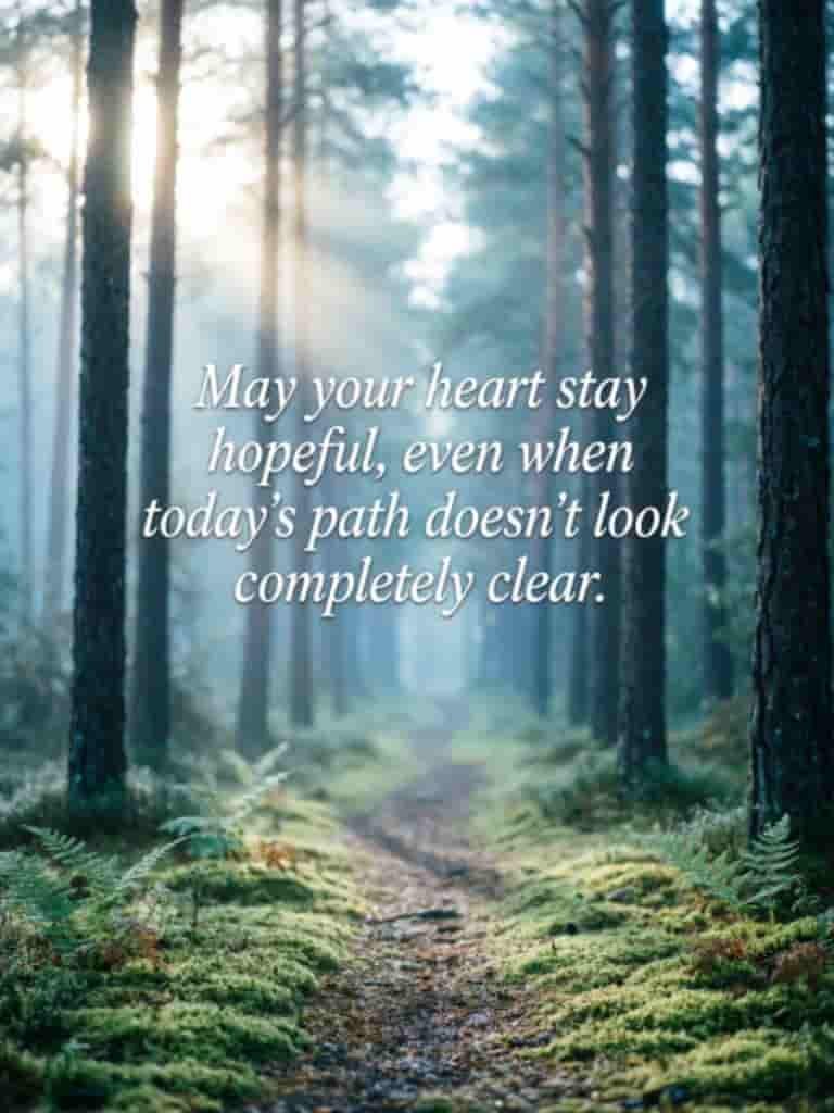 Uplifting Thursday blessing image featuring a peaceful forest path with sunlight through the trees and a message about staying hopeful when the path ahead is unclear.