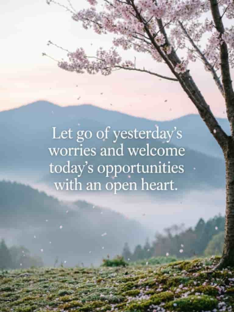 Thursday inspirational blessing image featuring a blooming tree, misty mountains, and a message encouraging you to let go of yesterday’s worries and welcome today’s opportunities with an open heart.