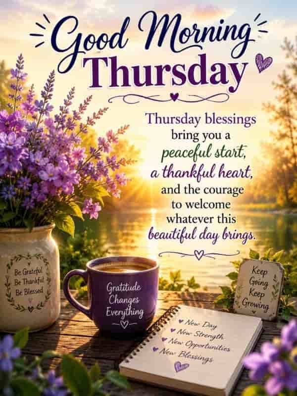 Uplifting Good Morning Thursday blessings image with a peaceful sunrise over a lake, purple flowers, coffee mug, gratitude journal, and encouraging Thursday blessing message.