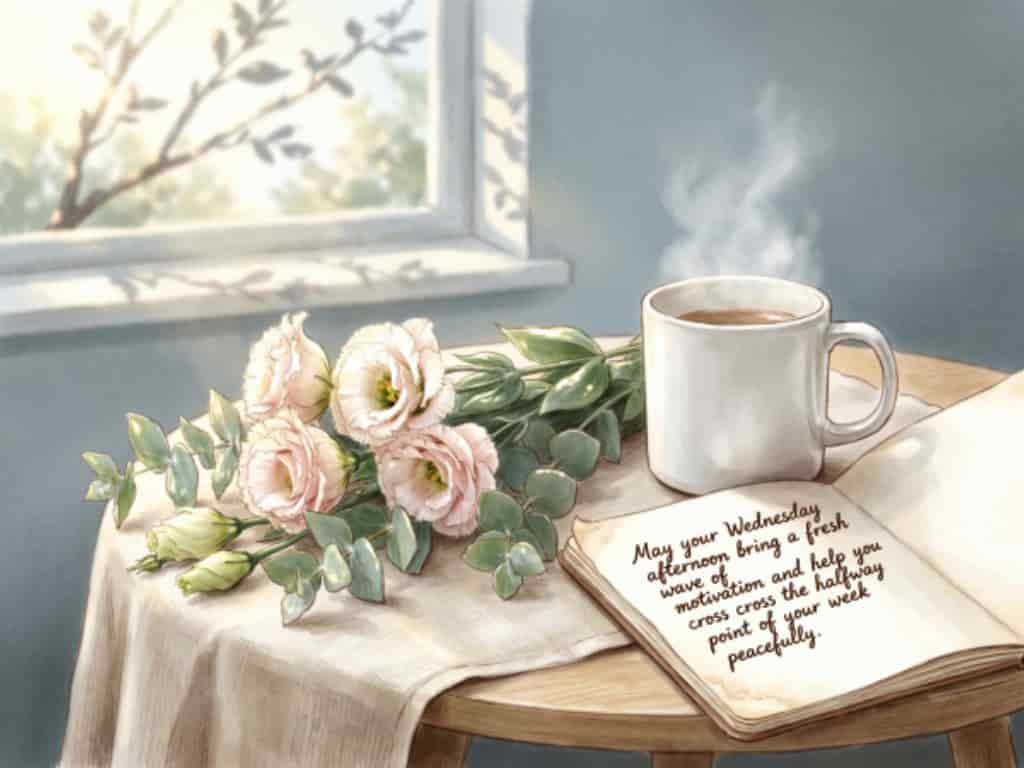 Wednesday afternoon blessings quote with fresh flowers, a steaming cup of tea, and an open book by a sunny window, wishing motivation, happiness, and a peaceful week.