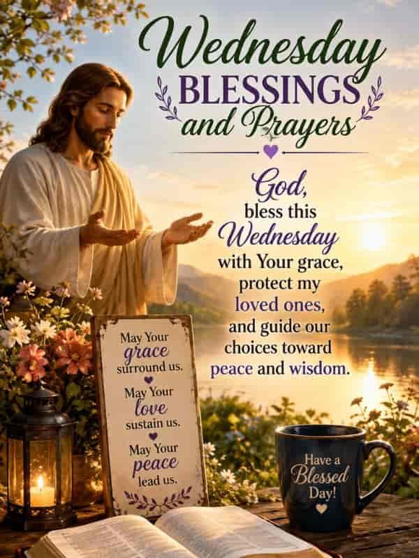 Wednesday blessings and prayers image featuring Jesus beside a peaceful lakeside sunrise, flowers, an open Bible, and a prayer asking God for grace, protection for loved ones, peace, and wisdom.