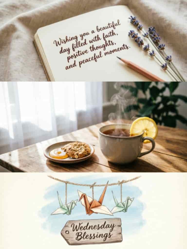 Wednesday blessings collage featuring a heartfelt blessing message, cozy tea with lemon and cookies, and a “Wednesday Blessings” origami crane illustration.
