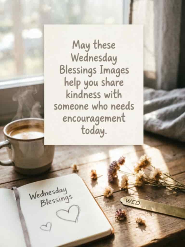 Wednesday blessings image with an inspirational message about sharing kindness and encouragement, alongside a warm cup of coffee and a notebook.